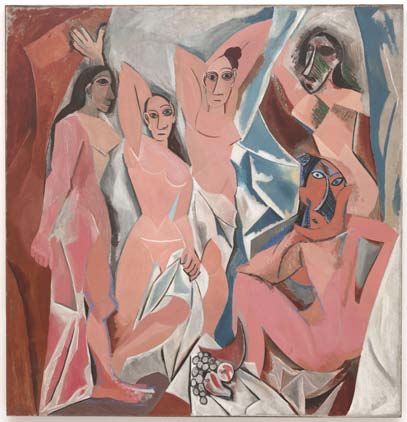 A classic evidence is the Les Demoiselles d'Avignon (Plate IIc), a painting by Pablo Picasso, after he encountered African masks from Congo (Plate IIa and IIb) in Paris. a b c In the painting, Les Demoiselles d'Avignon, the artist combined the key features of African aesthetics with that of Europe. This could be seen in the simplification, selection and exaggeration (African aesthetics) combined with the relatively realistic proportion (European aesthetics) of the figures expressed. The women are composed of flat, splintered planes rather than rounded volumes; their eyes are lopsided or staring or asymmetrical, and the two women at the right bear masklike features. The space too which should recede, comes forward in jagged shards, like broken glass. This provided a novel alternative to conventions of Western painting and representation, and occasioned the development of new forms of representation (Meldrum, 2014, Para 1).