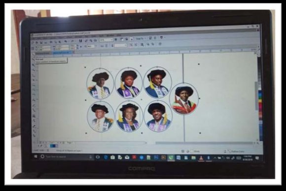 Outlined CAD file ready for engraving (13.4cm x 17.8cm) (Author's fieldwork, 2019) c) Process of Engraving Each of the seven Plexiglas was engraved using the engraving machine. Plate 4: Engraving of Plexiglas (Author's fieldwork, 2019)d) Production of the Plexiglas base with PlywoodThe plywood was measured and cut to sizes according to the width of the engraved Plexiglas needed for each of the LED display stand using measuring tape(see plate 5).Precision was ensured in the cutting of the plywood by holding the jigsaw machine firmly to avoid vibration which could create rough edges on the plywood (see plate 6). Thereafter, sandpaper was used Volume XX Issue II Version I One of the completed table top LED display stands (Author's fieldwork, 2019)