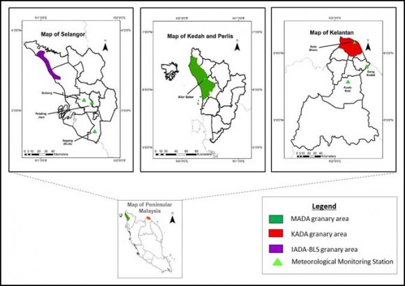 34 years (1981 to 2014) from three principal meteorological stations Subang with (elevation of 63m; Latitude 3 o 21' N; Longitude 101 o 56' 100 o 24' E) and Kota Bharu (elevation 10m; Latitude 6 o 12' N; Longitude 100 o 24' E) were obtained from Malaysia Meteorological Department (MMD). The selection of the stations to represent the areas was based on data accessibility, homogeneity and completeness of the records and proximity of the chosen stations to the study areas. The locations of the stations are shown in Figure 1 indicating Alor Setar station representing Muda Agricultural Development Area (MADA), Subang Station representing Integrated Agricultural Development Area, Barat Laut Selangor (IADA-BLS) and Kota Bharu station representing Kemubu Agricultural Development Area (KADA).