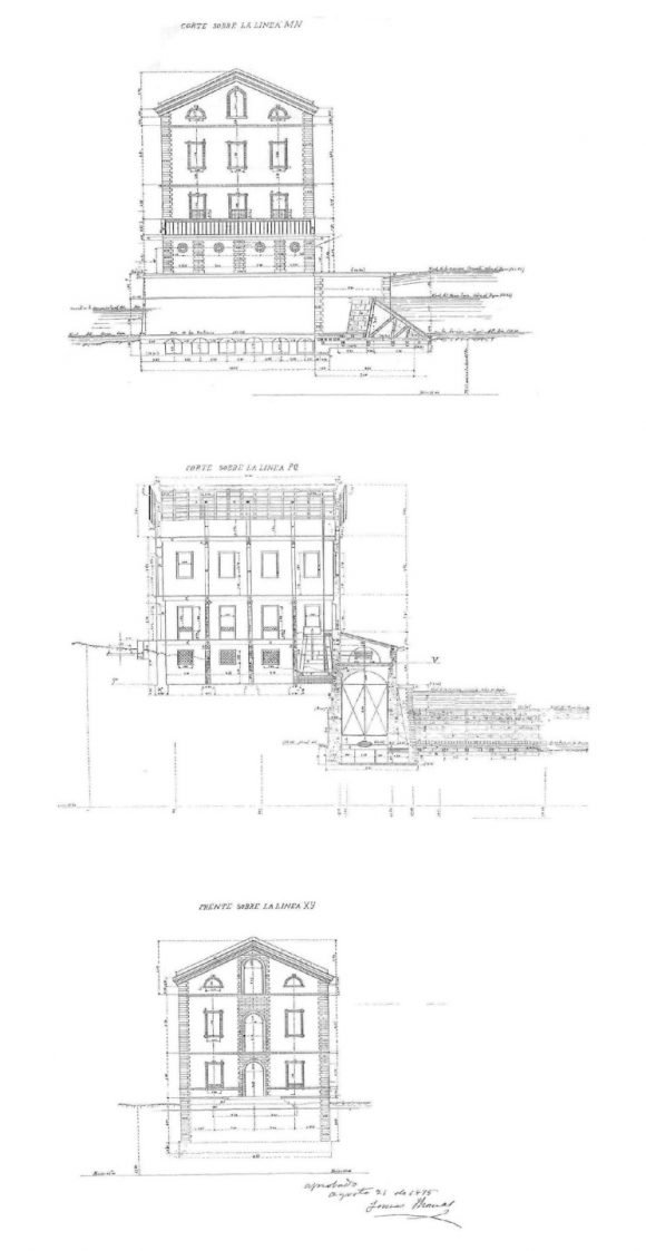 Fig. 8: Plano catastral del molino del 1932 en los que se puede observar el desvío ferroviario y el dique. (Gentileza de Martín Perisset, Biblioteca Popular Centro 3, Carcarañá, Santa Fe).