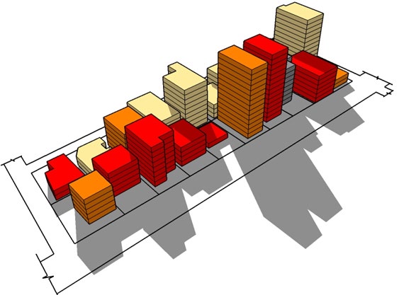 Figure18: Shadowing of the buildings and the adjacent roads, Dhanmondi Block 3 is located in between the primary (Mirpur Road) and secondary road (Green Road). The block had 12 blocks initially, but later subdivision resulted into a total of 19 plots. Out of the 19 plots, 8 plots have land coverage between 80 to 90 percent housing 4 to 10 storied buildings. The other 3 plots are undergoing the construction of 10-13 storied high-rise buildings complying with MINB 2008 while the older buildings did not adhere to the setback rules of BCR1996 with a land coverage ranging between 80 to 90 percent. Block 4 has one of the highest levels of densification with 80% of its plots occupied with 4-13 storied buildings. In terms of land coverage Block 4 indicates 76.3% with individual plot coverage ranging between 30-85%. Out of 29 plots 13 earlier constructed 4-6 storied buildings have higher plot coverage around 85% and 4 of the newly constructed buildings have plot coverage ranging from 68% to 75%. This indicates a violation of both old and new law. The subsequent subdivision had created three rows of buildings in 30%