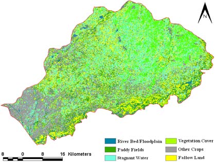 Human Social Science © 2014 Global Journals Inc. (US) -Spectral Characteristics and Mapping of Rice Fields using Multi-Temporal Landsat and MODIS Data: A Case of District Narowal km 2 (15.53%), stagnant water 359.31 km 2 (13.95%), Ahmad and Shafique, 2013). Change detection as defined by Hoffer (1978) is temporal effects as variation in spectral response involves situations where the spectral characteristics of the vegetation or other cover type in a given location change over time. Singh (1989) described change detection as a process that observes the differences of an object or phenomenon at different times (Adia and Rabiu, 2008; Ahmad and Shafique, 2013). Accurate assessment of vegetation response across multiple-year time scales is crucial for analyses of global change (Running and Nemani, 1991; Sellers et al., 1994; Stow, 1995; Justice et al., 1998; Fensholt, 2004; Baugh and Groeneveld, 2006; Ahmad, 2012c), effects of human activities (Moran et al., 1997; Milich and Weiss 2000; Thiam, 2003; Baugh and Groeneveld, 2006; Ahmad, 2012c) and ecological relationships (Baret and Guyot, 1991; Asrar et al., 1992; Begue, 1993; Epiphanio and Huete, 1995; Gillies et al., 1997; Baugh and Groeneveld, 2006; Ahmad, 2012c).