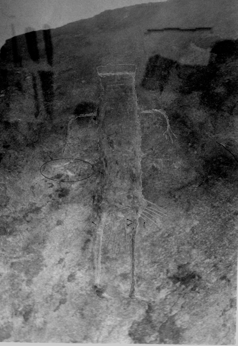 Fig 5 : An Etruscan 'quarry cut' (left), and an engraved spiral at its entry point Ancient Etruscans excavated deep rifts through the soft tufa bedrock which were referred to as 'quarry cuts' by Giovanni DeFeo (1993); an expert on Etruscan traditions and artifacts. The original purpose of the quarry cut is mysterious, but they appear not to have been intended as either waterways or roads. According to local tradition they were traversed by torch-lit processions on special occasions, presumably in recollection of defunct family members resident in the Etruscan equivalent of Hades; a below-ground afterlife. At the entrance to this rift, a small cave was located, and below it, a rock protrusion marked by a engraved spiral (Fig.5). This suggests that a preparatory ceremony was held there before traversing this below-ground structure.