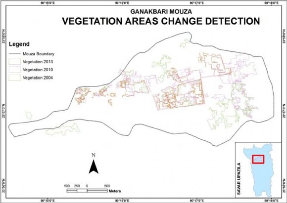 Figure 7 : Change detection for industry and commercial sites Change Detection for Vegetation Areas: Ganakbari mouza was a green vegetation area two decades ago. At 1993 the DEPZ industrial area was starting to build up the factories. As a result the vegetation areas were cut down to make the space. As the research is worked with the time period between 2004 and 2013, so, it is described about the deforestation for this time interval. At 2004 the total area under vegetation cover was 213 acres, which was reduced to 201.20 acre at 2010, and at 2013 it became to 184 acres. So it is clear that the vegetation cover areas are being decreased for making the space for new migrated people. With the help of Google Earth and ArcGis the change detection for Vegetation areas have been found out. To analyze the land use change detection of Ganakbari mouza it has been individually worked for the features. Here the vegetation areas change detection is given-