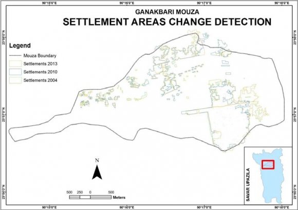 Figure 9 : Change detection for the water bodies Change Detection for Settlement area: Maximum area of Ganakbari mouza is under DEPZ and Atomic Energy Research Institute. Many bare lands are found inside AERI area. Settlement is the feature that changed most. At 2004 the settlement area in Ganakbari mouza was