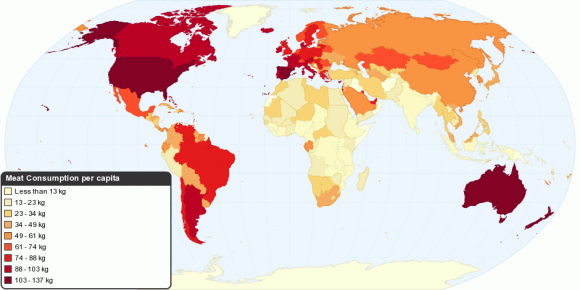 Fig(2) indicates high per capita meat consumption in Australia, North and South America and some parts of Europe. The per capita meat consumption is less in Africa and South Asia. This also indicates association of meat consumption with Per capita GDP.With no more, and perhaps less, productive farmland available over the next 50 years this projected growth in meat production represents a major challenge to both farmers and the environment. More meat means more feed and forage will need to be produced, and more land will be required for housing the additional animals that will be on farms. In addition, more production of all crops will be needed, including those used for direct human consumption and for industrial uses.To support the higher animal product with reference to production level of 2050. It is required that feed crop yields will need to more than double if we are to increase meat production in line with increases in GDP and changing life style. Failure to substantially increase crop yields in line with the meat production projections , will result in increased pressure to push crop production onto more of the world's fragile lands that are not being farmed today.If feed crops production is pushed onto marginal land the result will be a degraded environment, increased soil erosion, increase water pollution, reduced wildlife habitat, and increased use of chemical and fertilizer inputs.
