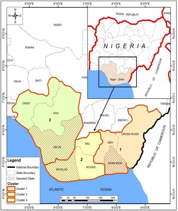 Figure 1: Map of the study Area A Sample size of 400 respondents comprising maritime business operators in the region was derived using the Taro Yamane sample size determination technique. The instruments used for data collection in this study were structured questionnaire and interview schedule. A Likert scale type questionnaire consisting 30 closed-ended questions was designed and administered to the respondents in proportion to the size of each stratum.Likert scale measures the intensity or degree of agreement by respondent to a statement that describes a situation or phenomenon (Ary, Jacobs, Sorensen and Walker 2014). Likert scale is useful when measuring the