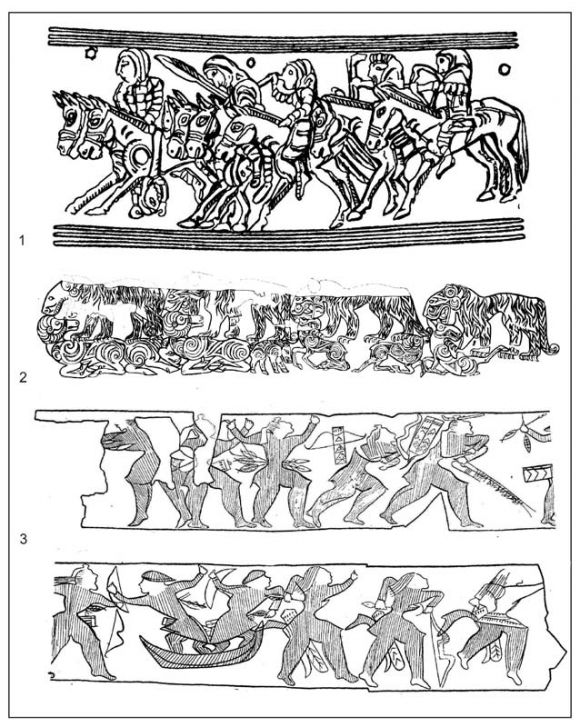 Fig. 6: Facts of arrow injuries in the Bronze and Copper Ages (the southern part of Western Siberia). 1,2,3. Ordynskoe-1, Burial Mound 3, Deposition 8 (the Irmen culture of the 9 th -8 th centuries BC); 4. Novotroitskoe-2 (5 th -3 rd centuries BC); 5,6,7,8. Blizhnie Elbany 14, Deposition 11 (the transition period from the Late Bronze to the Early Iron Age, 7 th -6 th centuries BC); 9,10,11. Bergul-1 (the Novochekino culture of the 4 th -3 rd centuries BC); 12,13,14,15. Bystrovka-2, Burial Mound 2, Depositions 14,18 (4 th -3 rd centuries BC); 16. Areas of arrow injuries; 1,4,7,9. Bronze; 12. Ore; 15. Horn.