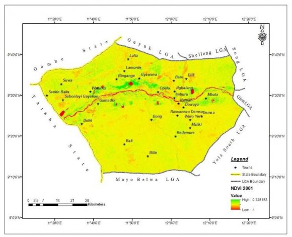 Figure 3.1: Relationships between Population Distribution and Vegetation Cover Based on the results shown in figure 3.1 two effects, Conceptual model was constructed as follows: the long-term relationship between population growth and vegetation cover can be separated into two stages in the study area where there are frequent human activities and the influence of climate change on vegetation cover changes. At the first stage, there is an inverse relationship between population growth and vegetation cover. As the vegetation cover is relatively high and the public facilities are imperfect at the early stage of population growth, the vegetation cover