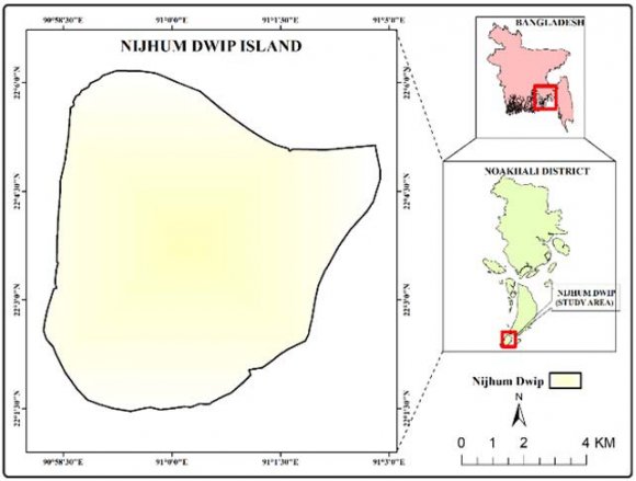 Land Cover and Coastline Change Assessment of Nijhum Dwip, Bangladesh, using Geospatial Analysis © 2021 Global Journals time-series satellite images towards better management of the study area.II.STUDY AREAFor this study Nijhum Dwip (Silent Island) has selected as the study area, a mauza under Zahajmara Union of Hatiya Upazila of Noakhali district (PDO-ICZM, 2002) in Bangladesh. It is an extreme southern isolated small island of Bangladesh separated by the Hatiya channel (Alam and Uddin, 2013), about 2.2 meters high from the sea level situated in the Meghna estuary, confluences of the Bay of Bengal and enclosed by the Bay of Bengal (South and West), Domar char and the Meghna River on the East and Hatiya Island on the North (Saha et al. 2014). Nijhum Dwip lies between 22°1'30" N to 22°6' N latitudes and 90°58'30" E to 91°3' E longitudes (Figure 1). During 1960 this island was a small piece of sandy barren land and in 1970 devastating cyclone swept away almost all. This island is divided into two parts by a canal, named Kamalarpur (Northern part) and Char Osman (Southern Part) that is mostly populated. This mudflat land is still unstable because of erosion, deposition, storm surge, monsoon inundation, cyclone, etc. for safe living rather than supporting people's livelihood as located in the west of Char Damar, east of Manpura, south of the Hatia Mainland, and north of Bay of Bengal. Instead of these risks, the population is increasing from 4372 to 7835 and then 12796 in 1991, 2001 to 2011, along with the total number of households are 2464 (PDO-ICZM, 2002; BBS 2011).