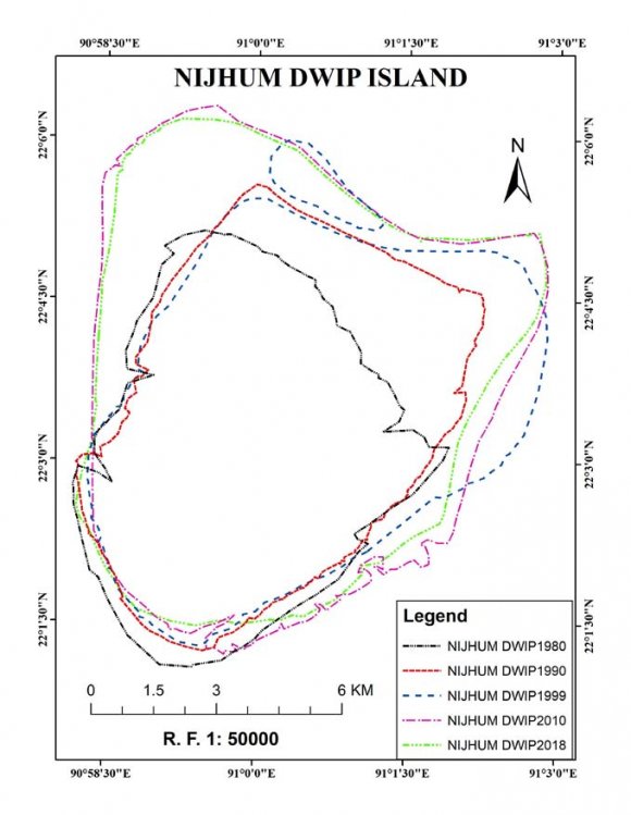Figure 4: Total Area and Rate of Change with projection (1980-2068) Comparison of Landsat images in 1980,1990, 1999, 2010, and 2018 shows a net land gain of 18.84 km2 in the Meghna estuary within that period (1980-2018), representing an average annual growth rate of 0.496 km2, and again lost about 2.63 km2. This analysis of land variation in the Meghna estuary demonstrates