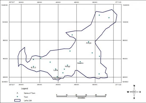 Fig. 1: Map of Lafia Local Government Area. Lafia Local Government Area of Nasarawa state is located between latitudes 8° 20' and 8° 38'N and between longitudes 8°20' and 8°40'E. Lafia Local Government area has a land area of 2,797.5sq.km with a population of 330,712 (NPC, 2006). It is bordered by Nasarawa -Eggon Local Government Area and Wamba Local Government Area to the north, Doma Local Government Area to the west and south and Obi Local Government Area and Shendam Local GovernmentArea in Plateau State to the east. Lafia's location at the junction of a regional road confers on its good linkage with Makurdi, Benue state to its south, Akwanga-Keffi and Abuja to its north-west and Jos, Plateau state its north-east.