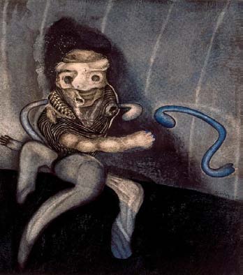 Figura 3: Hombre corriendo en su tierra 1, Pedro Alcántara Herrán, 1970 Pintura en técnica mixta sobre papel martillado en la colección: Monstruos de papel del Banco de la República de Colombia.