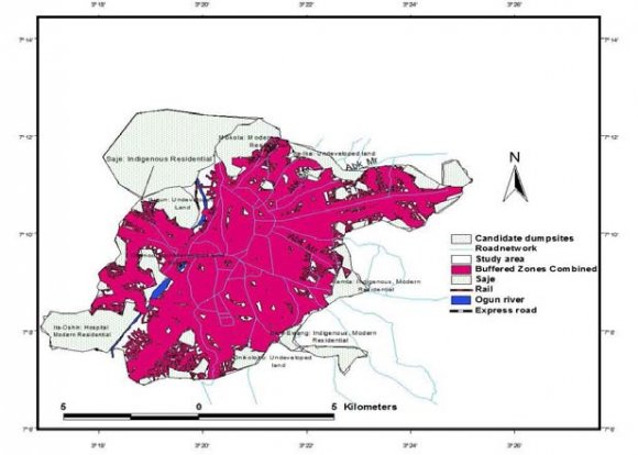 Figure8shows the initial results of the buffering analysis; the candidate disposal sites (unbuffered areas) overlaid with important resources such as Ogun River, railway, express road and the other tributaries. It can be seen that some of the candidate sites are overlapping these important resources with economical / ecological value. Hence, these sites were digitized to exclude parts of the resources.