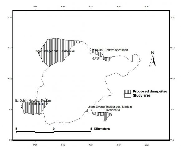 Figure9shows the combination of all the buffered zones, i.e. the drainages, land-cover and roads, and clearly illustrates the areas left 'unbuffered'. The areas left after buffering can be seen from the legends on the various maps. These areas are the digitized "candidate dumping sites" whichwere