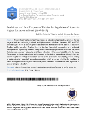 Proclaimed and Real Purposes of Policies for Regulation of Access to Higher Education in  Brazil (1997-2017)