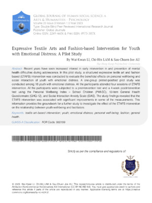 Expressive Textile Arts and Fashion-based Intervention for Youth with Emotional Distress: A Pilot Study