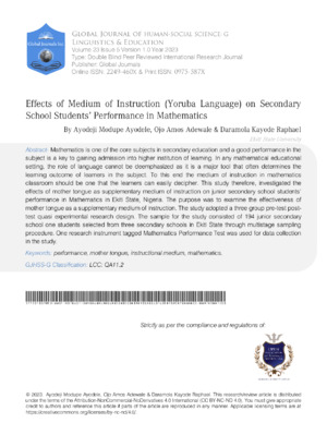 Effects of Medium of Instruction (Yoruba Language) On Secondary School Students' Performance in Mathematics