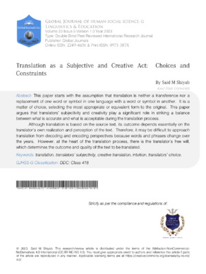 Translation as a Subjective and Creative Act: Choices and Constraints