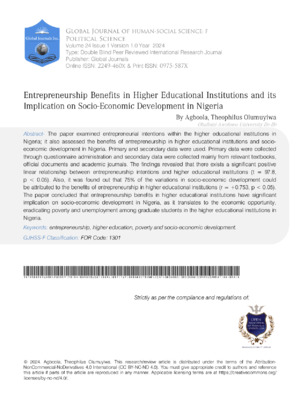Entrepreneurship Benefits In Higher Educational Institutions And Its Implication On Socio-Economic Development In Nigeria