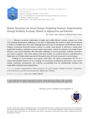 Human Recourses for Social Change: Promoting Women's Empowerment Through Solidarity Economy Models in Afghanistan and Pakistan