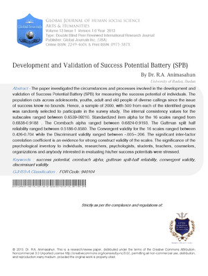 Development and Validation of Success Potential Battery (SPB) diligence and thoroughness, consistency, persistence