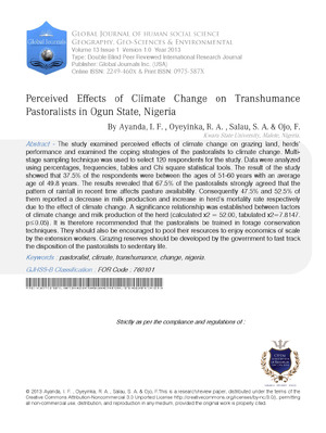 Perceived Effectsof Climate Changeon Transhumance Pastoralistsin Ogun State Nigeria Strictly as per the compliance and regulations of