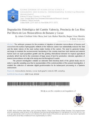 Degradación Hidrológica Del Cantón Valencia, Provincia De Los Ríos Por Efecto De Los Monocultivos De Banano Y Cacao