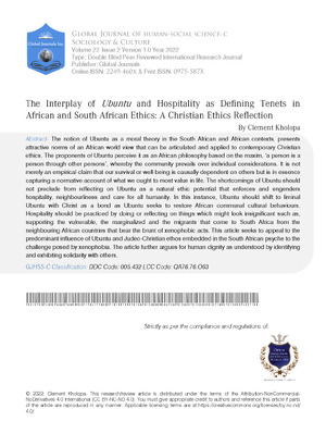 The Interplay of Ubuntu and Hospitality as Defining Tenets in African and South African Ethics: A Christian Ethics Reflection