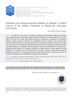 Federalism and Intergovernmental Relations in Ethiopia: A Critical Analysis of the Political Challenges of Afar-Federal Interaction (1991-2020)