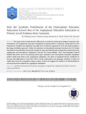 Does the academic performance of the Francophone education subsystem exceed that of the Anglophone education subsystem at primary level? Evidence from Cameroon