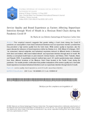 Service Quality and Brand Experience as Factors Affecting Repurchase Intention through Word of Mouth in a Mexican Hotel Chain during the Pandemic Covid-19