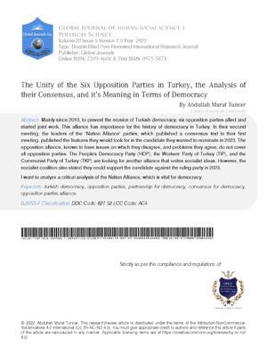 The Unity of the Six Opposition Parties in Turkey, the Analysis of their Consensus, and its Meaning in Terms of Democracy