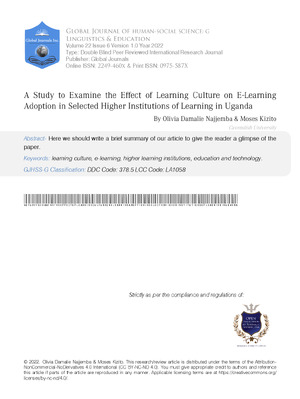 A Study to Examine the Effect of Learning Culture on E-Learning Adoption in Selected Higher Institutions of Learning in Uganda