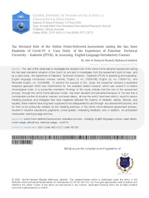 The Deviated Role of the Online Home-Delivered Assessment during the has been Pandemic of Covid-19 : A case Study of the Experience of Palestine Technical University – Kadoorie (PTUK) in Assessing English Language Introductory Courses.