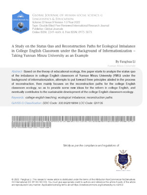 A Study on the Status Quo and Reconstruction Paths for Ecological Imbalance in College English Classroom under the Background of Informationization --Taking Yunnan Minzu University as an Example