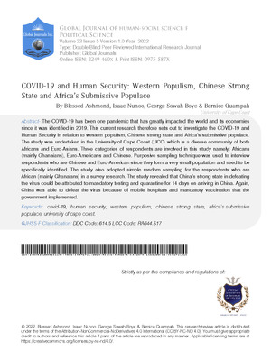 COVID-19 and Human Security: Western Populism, Chinese Strong State and Africa2019;s Submissive Populace