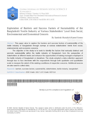 Exploration of Barriers and Success Factors of Sustainability of the Bangladeshi Textile Industry at Various Stakeholders’ Level from Social, Environmental and Economical Concern