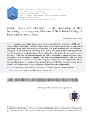 Current Issues and Challenges in the Acquisition of Office Technology and Management Education Skills In Federal College of Education (Technical), Asaba