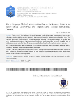 World Language Medical Interpretation Courses in Nursing: Reasons For Incorporating, Diversifying and Implementing Medical Terminology Courses