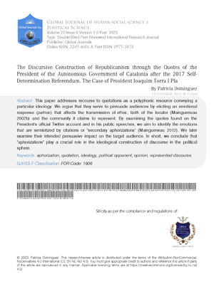The Discursive Construction of Republicanism Through the Quotes of the President of the Autonomous Government of Catalonia after the 2017 Self-Determination Referendum. The Case of President Joaquim Torra i Pla