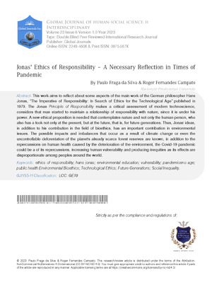 Jonas Ethics of Responsibility A Necessary Reflection in Time of Pandemic
