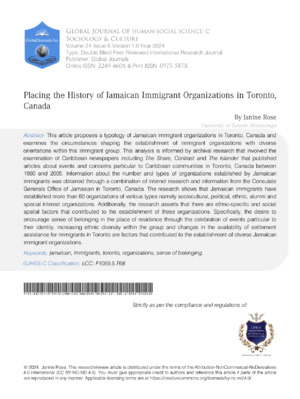 Placing the History of Jamaican Immigrant Organizations in Toronto,