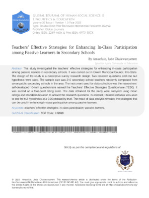 Teachers' Effective Strategies for Enhancing in-Class Participation among Passive Learners in Secondary Schools