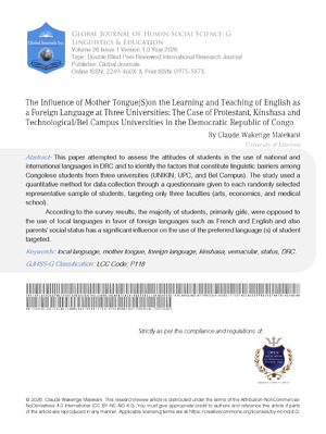 The Influence of Mother Tongue(s)on the Learning and Teaching of English as a Foreign Language at Three Universities: The Case of Protestant, Kinshasa and Technological/Bel Campus Universities in the  Democratic Republic of Congo